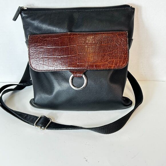 Jack Georges Black Cognac Croco Embossed Flap Front Crossbody Shoulder Bag - Picture 1 of 14